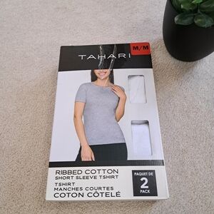 Tahari Ladies Ribbed Cotton T-shirt Women's Size Medium Tee White 2 Pack Stretch